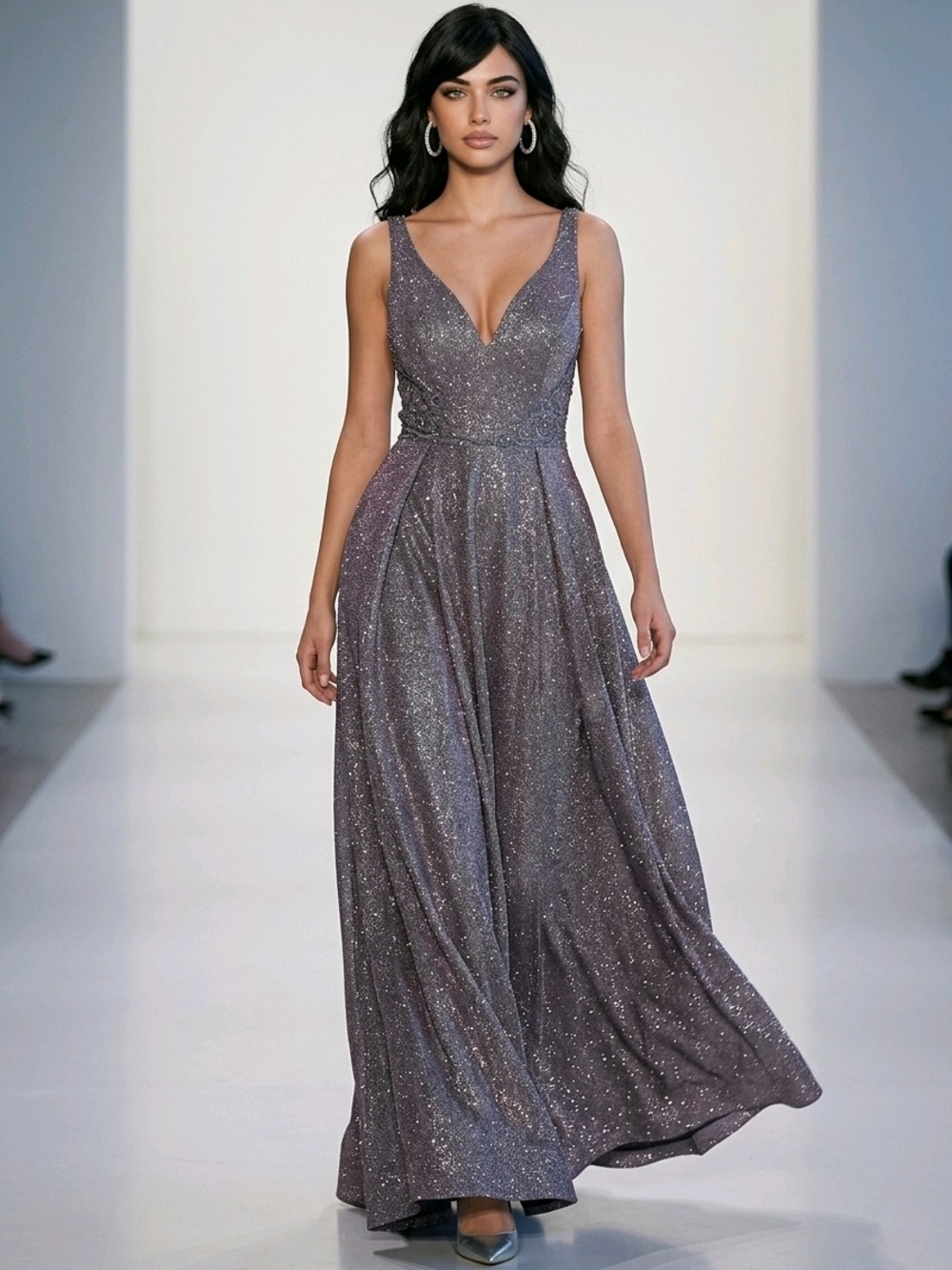 City Triangles Sparkle V-Neck Maxi Dress - Silver Purple